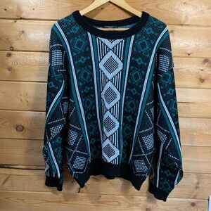 Vintage Sears Sweater Black Teal Geometric Retro Grandpa Cosby 90’s Large Preppy